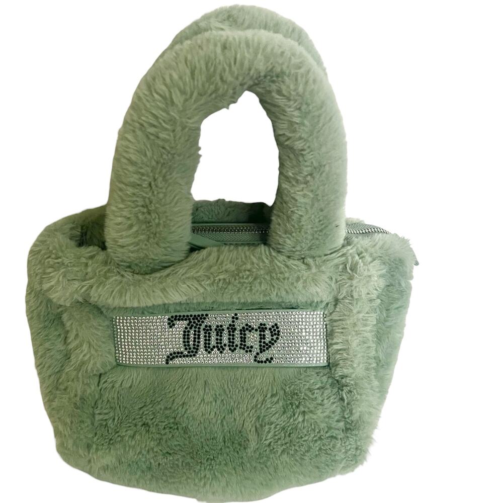 Juicy Couture Plush Mini Tote Bag Matcha Green Fuzzy Faux Fur Bling Logo Y2K